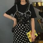 Sequined Short-sleeve T-shirt / Dotted Mini Skirt