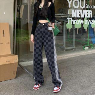 High Waist Checkerboard Loose Fit Jeans