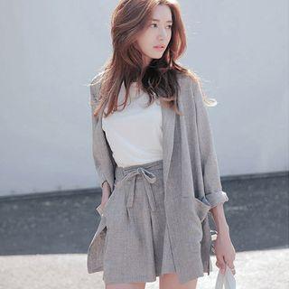 Set: Plain Sleeveless Top + Buttoned Jacket + Wide-leg Shorts