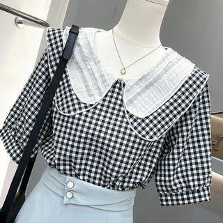 Short-sleeve Gingham Blouse / High Waist A-line Skirt