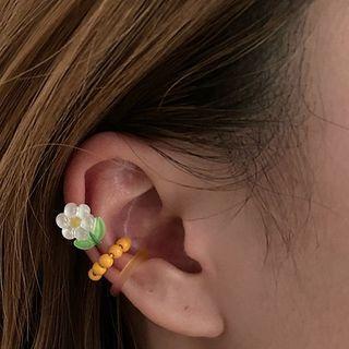 Flower Acrylic Cuff Earring Set Of 3 - Yellow & Pink & Green - One Size