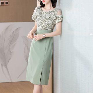 Floral Panel Short-sleeve Midi Sheath Dress