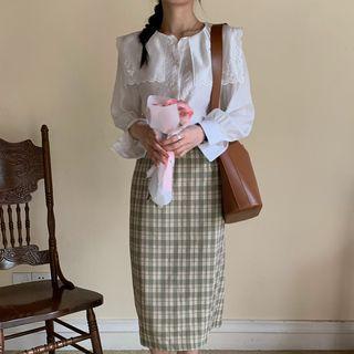 Ruffle Blouse / Plaid Midi Skirt