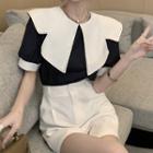 Short-sleeve Two Tone Blouse Navy Blue - One Size
