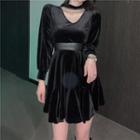 Choker-neck Long-sleeve Velvet Midi A-line Dress