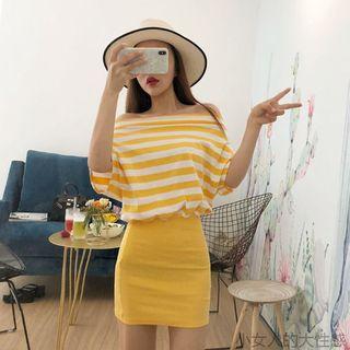 Off-shoulder Striped Elbow-sleeve Dress