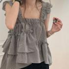 Frill Trim Gingham Check Flowy Camisole Top