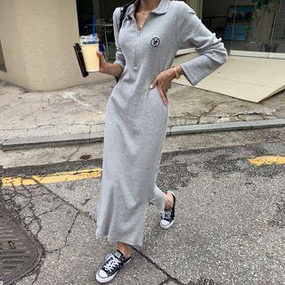Collared Zipped Letter Maxi Dress