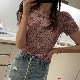 Short-sleeve Floral Print Mock-neck Top Pink - One Size