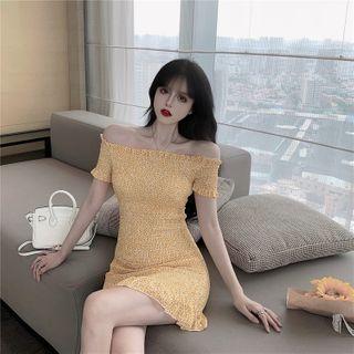 Off-shoulder Floral Print Smocked Sheath Dress