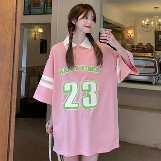 Elbow-sleeve Collar Number Print T-shirt