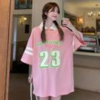 Elbow-sleeve Collar Number Print T-shirt