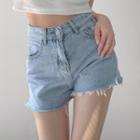 High-waist Frayed Slit Denim Shorts