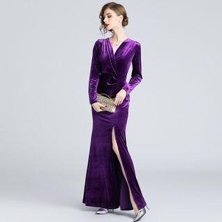 Long-sleeve Slit Velvet Maxi Sheath Dress