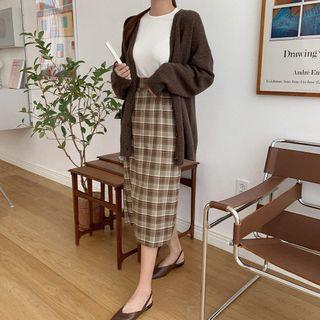 Plaid Midi A-line Skirt / Cardigan