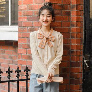 Plaid Bow Cardigan Light Almond - One Size