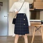 Buttoned Plaid Straight-fit Skirt