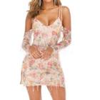 Cold-shoulder Floral Print Sequin Fringe A-line Dress