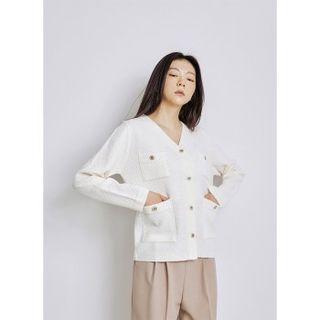 V-neck Pocket-front Textured Cardigan Ivory - One Size
