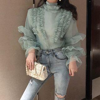 Set: Mock Turtleneck Long-sleeve Top + Long-sleeve Chiffon Blouse