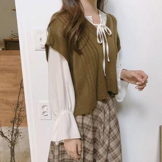V-neck Knit Vest Dark Army Green - One Size