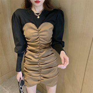 Mock Two-piece Long-sleeve Ruched Mini Sheath Dress