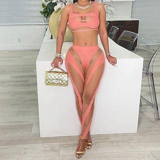 Set: Cutout Mesh Panel Crop Tank Top + Leggings