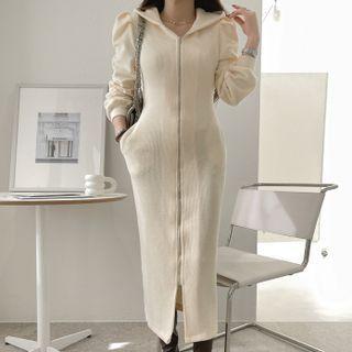 Puff-sleeve Zip-up Long Knit Hoodie Dress