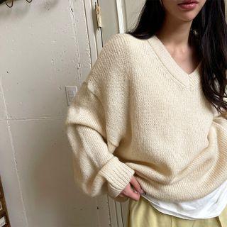 Drop-shoulder V-neck Boxy Knit Top