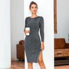 Long-sleeve Ribbed Knit Midi Dress Gray - One Size