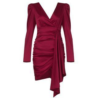 Long-sleeve Asymmetrical Runched Mini Sheath Dress