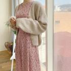 Long-sleeve Floral Print Midi A-line Dress Pink - One Size