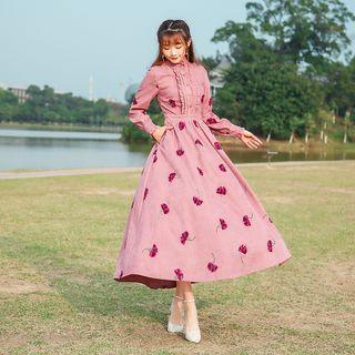 Long-sleeve Corduroy Embroidered A-line Maxi Dress