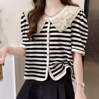 Puff-sleeve Collar Striped Top Stripe - One Size