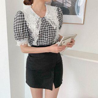 Lace-trim Puff-sleeve Gingham Blouse Check - Black - One Size
