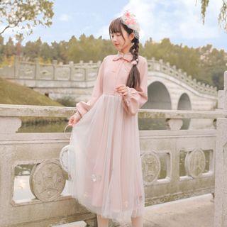 Embroidered Mesh Panel Midi A-line Dress