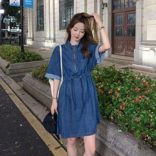 Short-sleeve Half-zip Denim Mini Dress