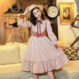 Long-sleeve Frill-trim Plaid Midi A-line Collared Dress