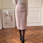 Wool Blend Plaid Midi Pencil Skirt