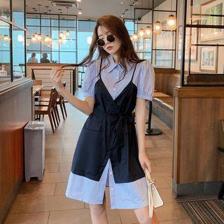 Mock Two-piece Puff-sleeve Shirt Dress