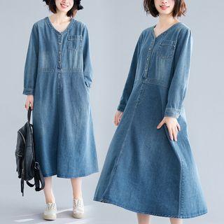 Denim Long-sleeve V-neck Dress
