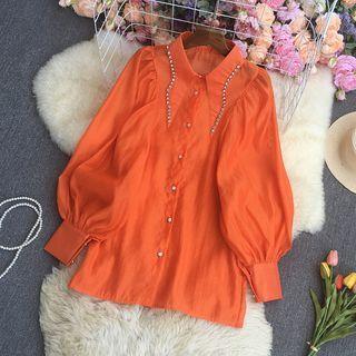 Lantern-sleeve Rhinestone Blouse