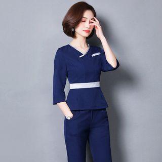 Set: Elbow-sleeve V-neck Top + Dress Pants
