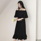 Off Shoulder Elbow-sleeve Midi Dress Black - One Size