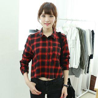 Pocket Front Cropped Tartan-check Shirt