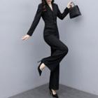 Striped Notch Lapel Long-sleeve Wide-leg Jumpsuit