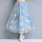 Flower Embroidered Midi A-line Skirt Light Blue - One Size