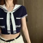 Short-sleeve Sailor Collar Tie-neck Knit Top