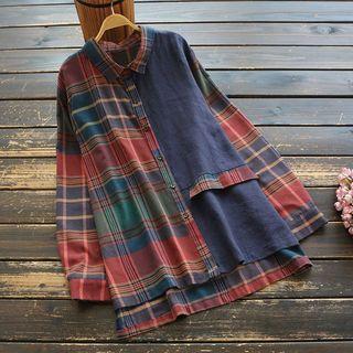 Asymmetric Plaid Panel Shirt Plaid - Red & Blue - One Size