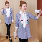 Flower Embroidered Striped Panel Long Shirt